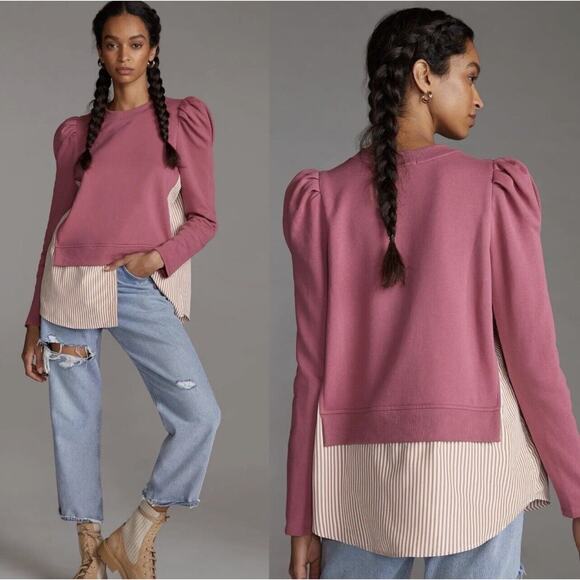 Anthropologie Maeve Top Women XS Pink Layered Tunic Puff Sleeve Preppy Academia - Picture 2 of 10